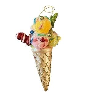RAZ Pastel Ice Cream Cone Christmas Ornament Colorful Green Red Candy Glitter